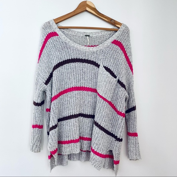 Free People Light Grey Gray Oversized Pink Black Striped Knit Sweater Small - Picture 1 of 8